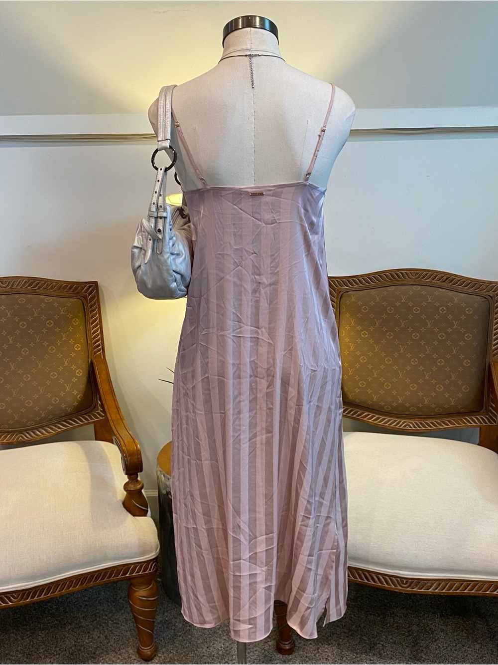 Pink Mauve Striped Satin Slip Dress, Small - Picture 2 of 3